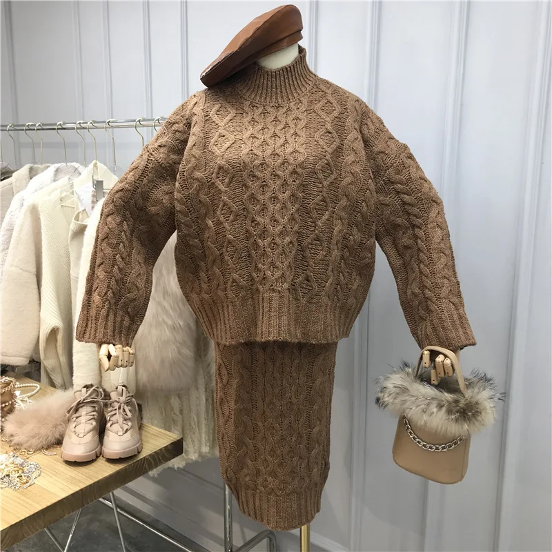 

Winter retro high-necked thick knitted twist sweater dress suit high waist split mid-length skirt two piece set women