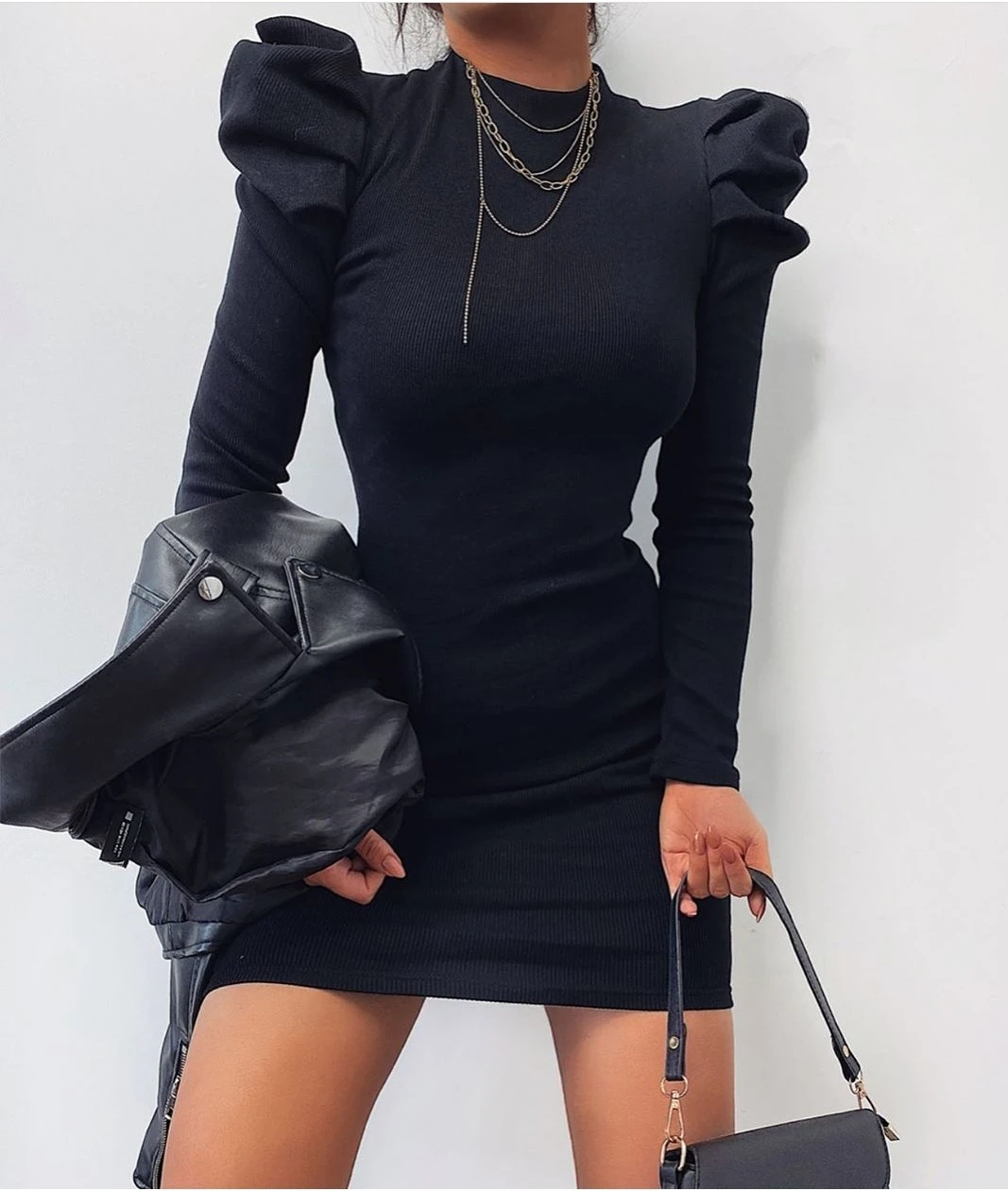 

Amazon hot sale fall women heavy knitted dress women's dress puff sleeve bodycon sexy girls casual MINI length dress, Solid