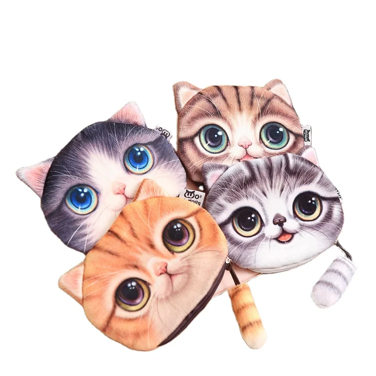 

3D cat face coin purse tail zipper earphone data cable storage coin purse, As picture color