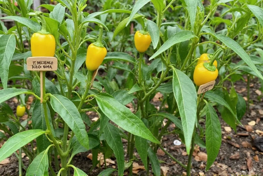 Pepper plant varieties growing in a garden with labels identifying different species and heat levels