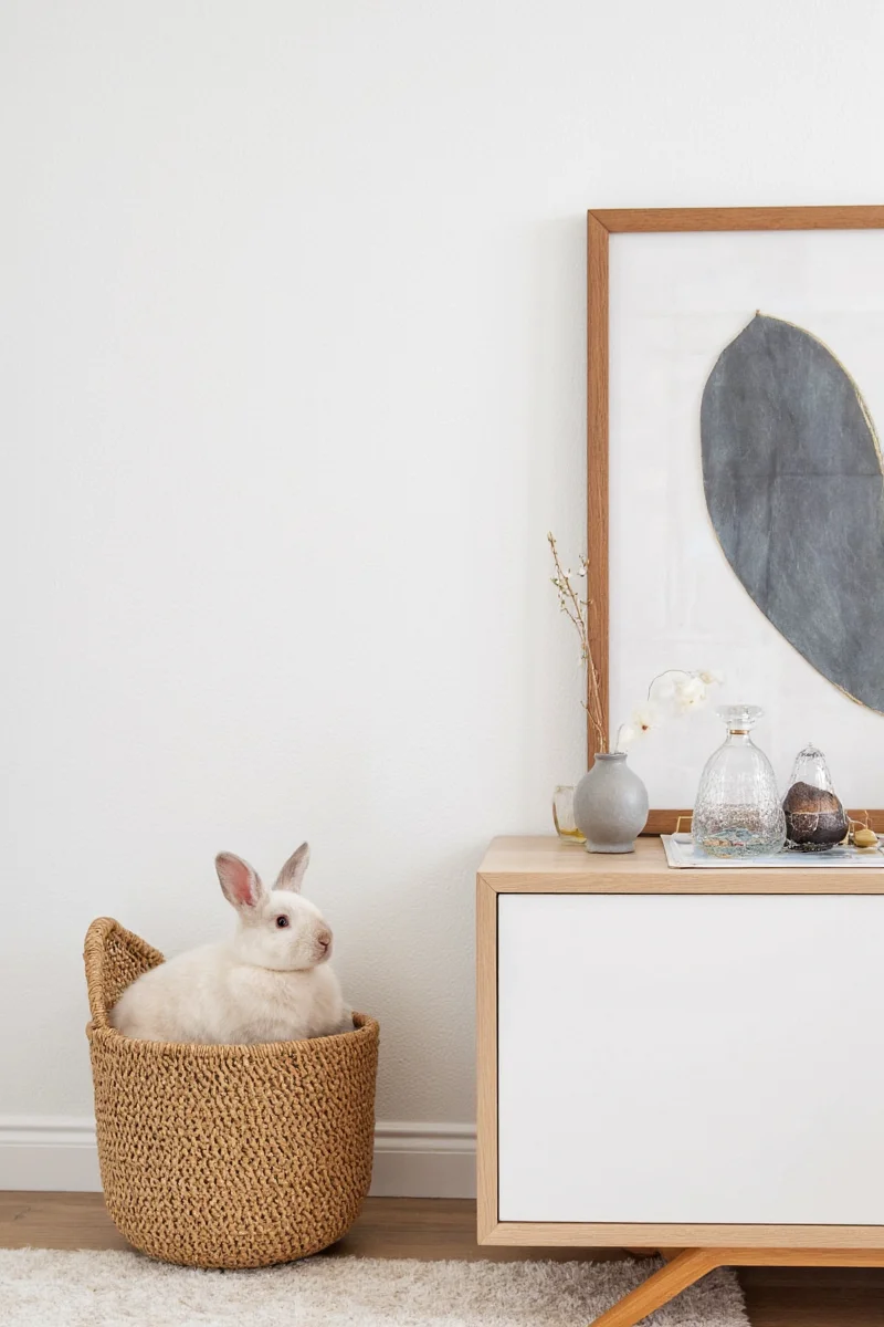 Floating shelves painted white with cork pads installed along a pale blue wall, providing a climbing area for a curious rabbit.