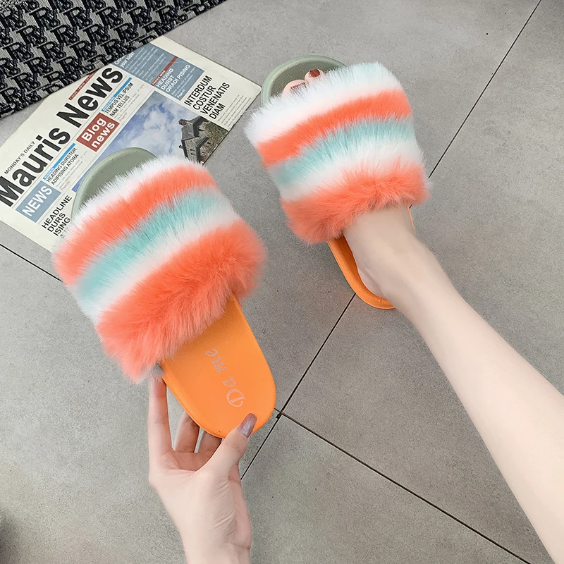 

2021 autumn winter new ladies shoes fashion colorful women fluffy furry fur sliders slippers, Pink/orange/yellow