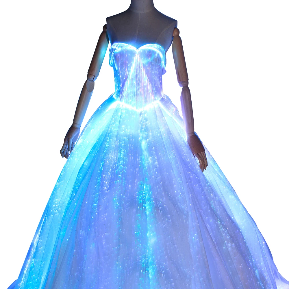 

LED light up optical fiber fabric veil length-to-floor strapless heart shaped neckline lace up-bodice ball gown luminous dress, Rgb color changeable