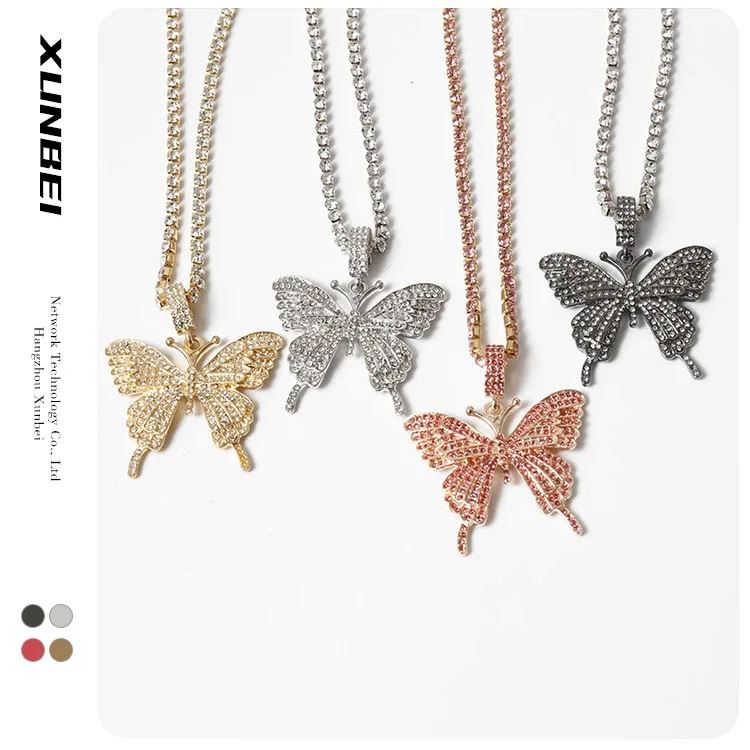 

2021 diamond fashion trendy rhinestone choker luxury jewelry crystal butterfly hip hop charms tennis women's pendant necklace, Could be customized