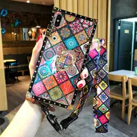 

blue light color phone case rectangle square grid totem phone case with holder for iPhone 11 XS Max XR X 8 7 6 6S Plus hang rope