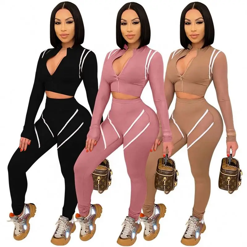 

FREE SAMPLE JHTHPatchwork Zipper Up Top Leggings Two Piece Jogger Set Women Deep V Neck Skinny Streetwear Party Club Sweat Suits