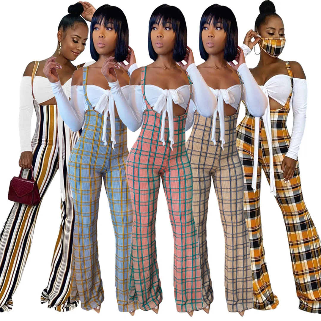 

2021 spring& summer long sleeve off shoulder top with plaid suspender jumpsuit set two piece outfits, Shown