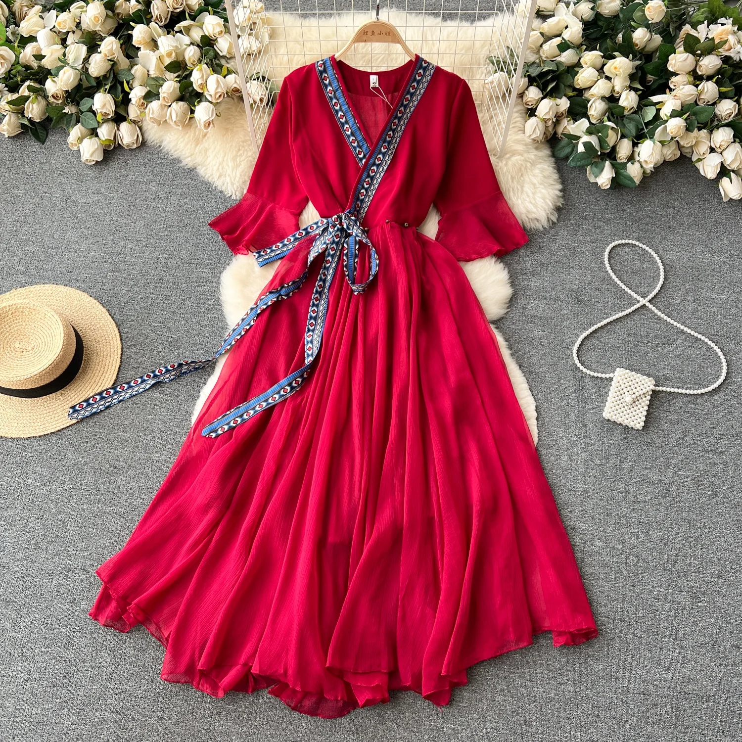 

Bohemian Vacation Women Tie Waist Red V-Neck Chiffon Long Dresses