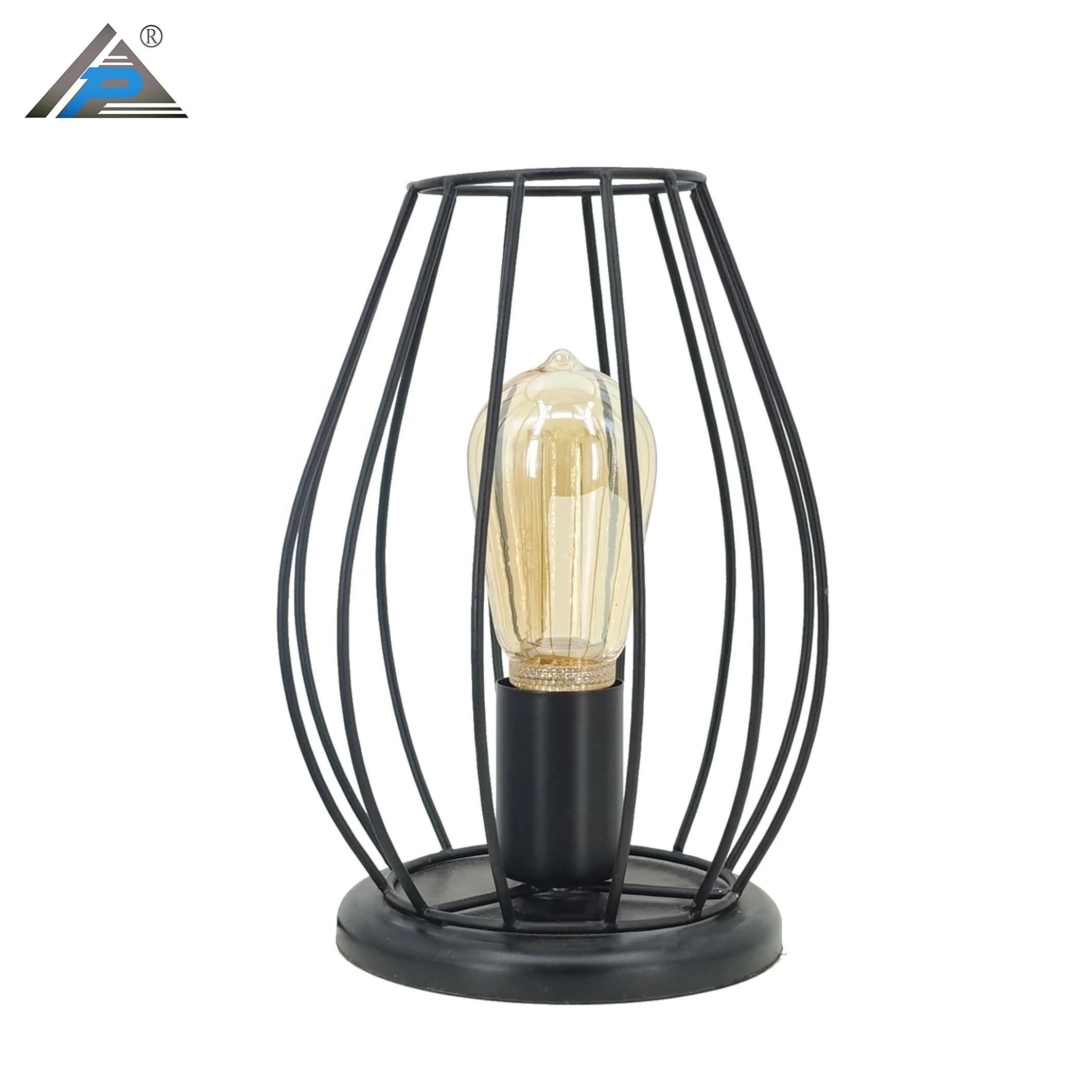 Modern Wood Base Iron Table Lamp with Cage Lampshade Desktop Night Light for Living Room Office Cafe Restaurant