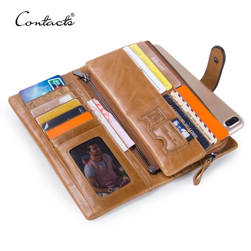 

contact's dropship wholesale genuine leather larger capacity high quality men long leather wallet with zip mobile phone pocket, Brown,green, coffee, red,black or customized