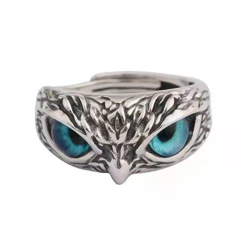 

New Arrivals Engraved Owl Blue Eyes Silver Plated Rings For Men Vintage Adjustable Animal Evil Eyes Ring Finger Design Jewelry