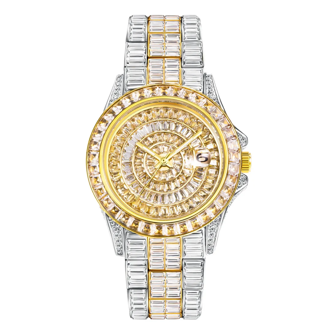 

Men Watch Luxury Full Square Diamond Gold Stainless Steel Waterproof Auto Date Wristwatch Crystal Mens Watch