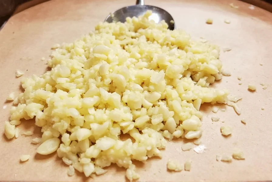 Four medium garlic cloves next to measured teaspoon of minced garlic