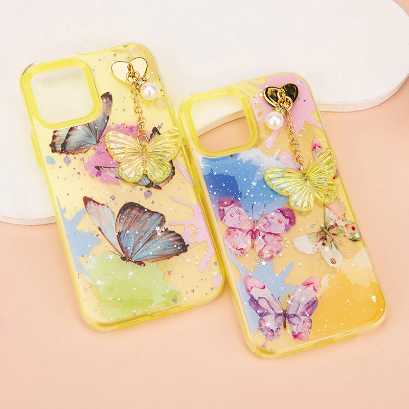 

Butterfly Glitter TPU 2 in 1 Protective Plastic Cover Phone Case for Samsung A50 A51 5G, Yellow / purple / blue / pink / white