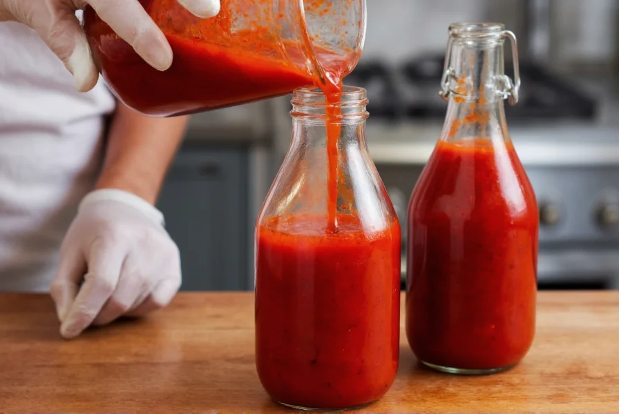Hands wearing gloves carefully pouring vibrant red hot sauce from blender into glass bottles using funnel for homemade preservation