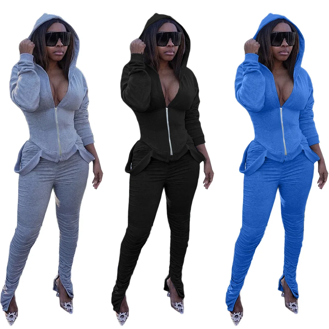 

Fall Set Woman Trending 2 Piece Set Slim Women Zip Up Hoodie and Pants Fashion Outfits Stacked Pants Set, As pic