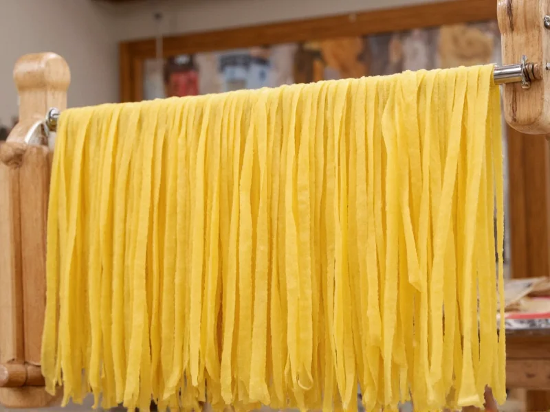 Pasta drying rack with fettuccine strands