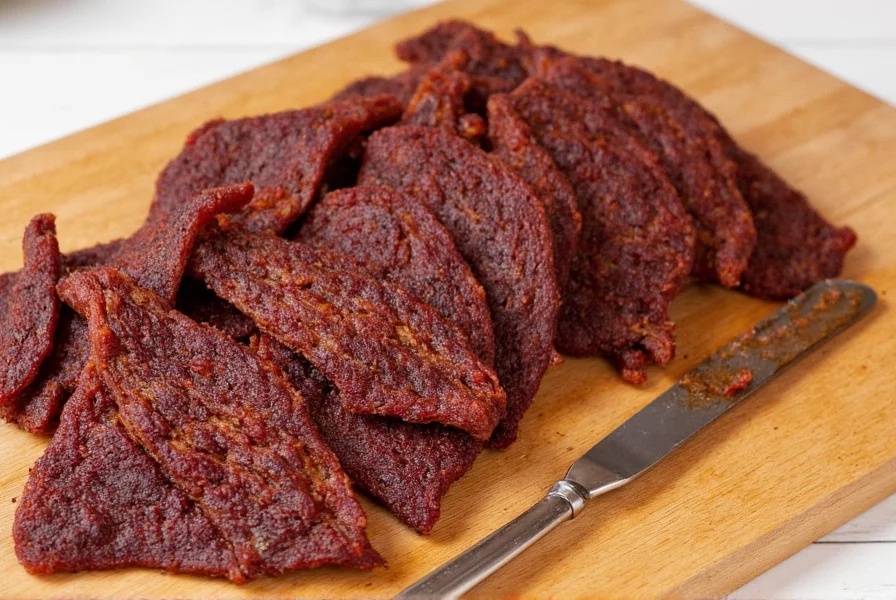 Homemade beef jerky on a wooden cutting board