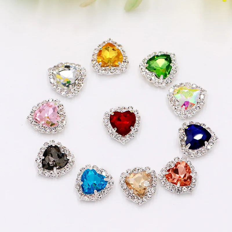 

Factory wholesale heart shape crystal sew on rhinestone 8mm 10mm Glass rhinestone with claw for garment