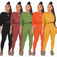 

custom logo long sleeve crop top 2 piece pant set for women