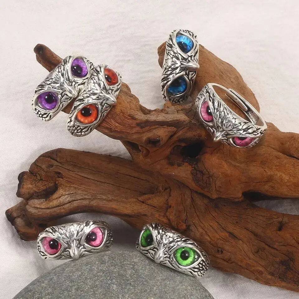 

2023 New Design Jewelry Fashion Finger Rings Open Adjustable Vintage Animal Evil Blue Eye Owl Rings for Women Men