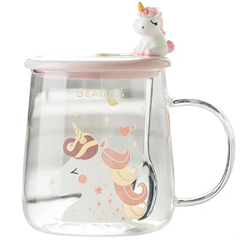 

Zogift Wholesale Cute Unicorn Glass Tea Water Mug With Lid Student Single Walled Milk Juice Cold Drinking Cups, As per picture