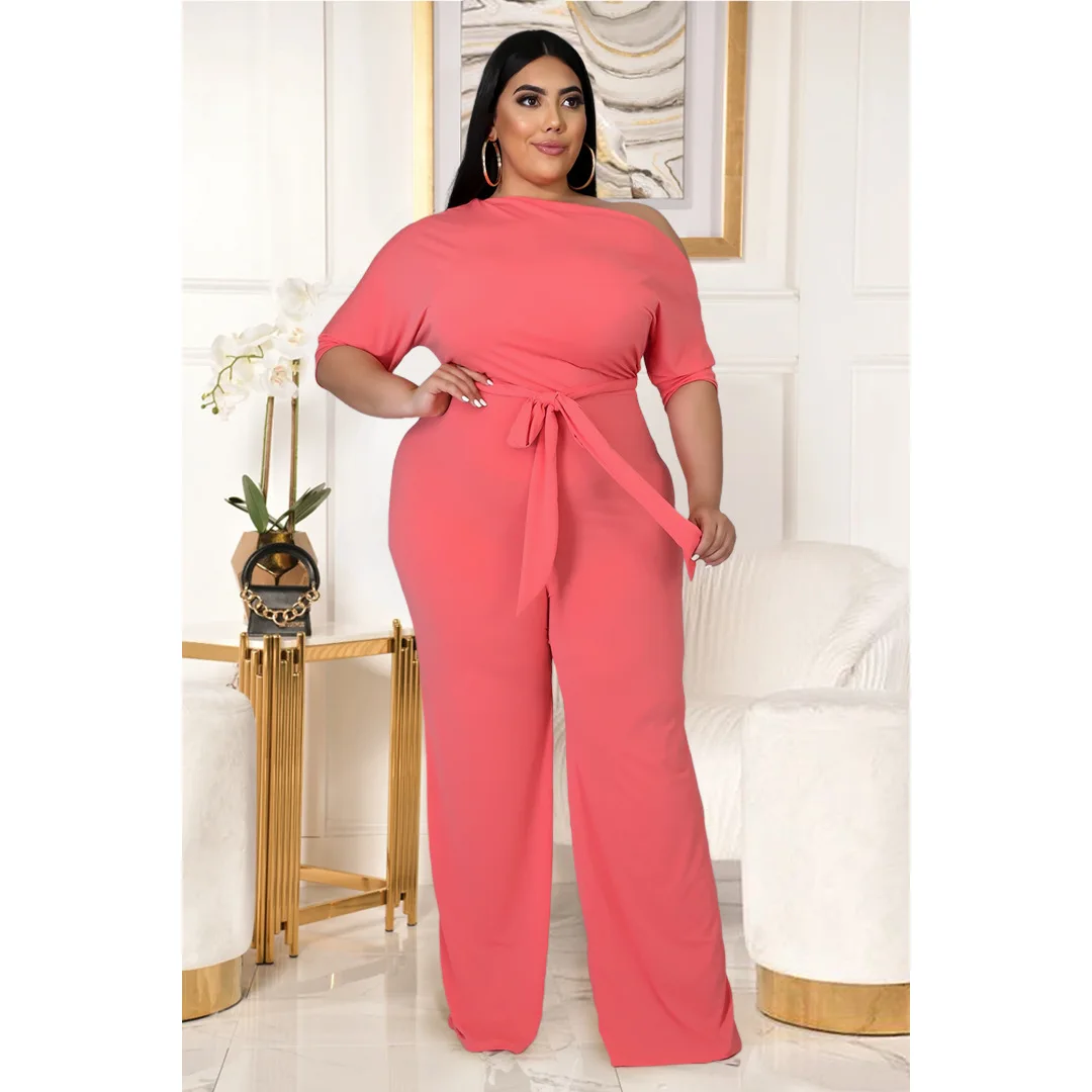 

Plus Size Rompers Fashion 2021 New Solid Color Bandage Oblique Shoulder Casual Flared Jumpsuit Women, Shown