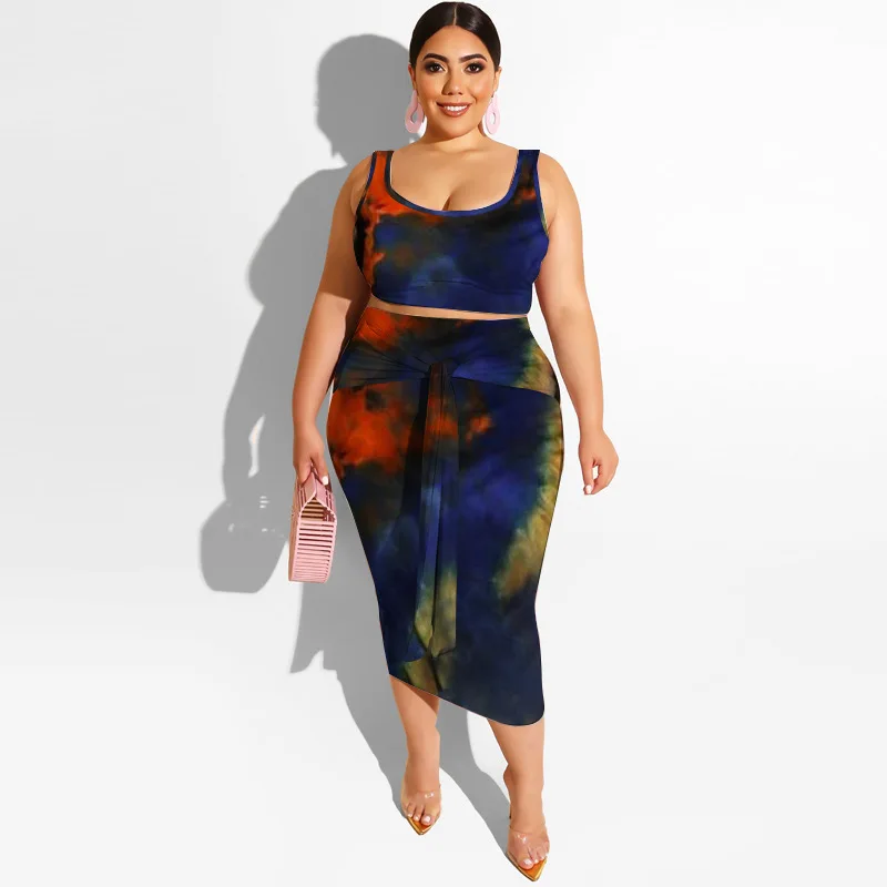 

2021 new arrivals summer fashionable tie-dye printed sexy tight buttock lace-up sleeveless plus size women casual two piece suit, 21 colors