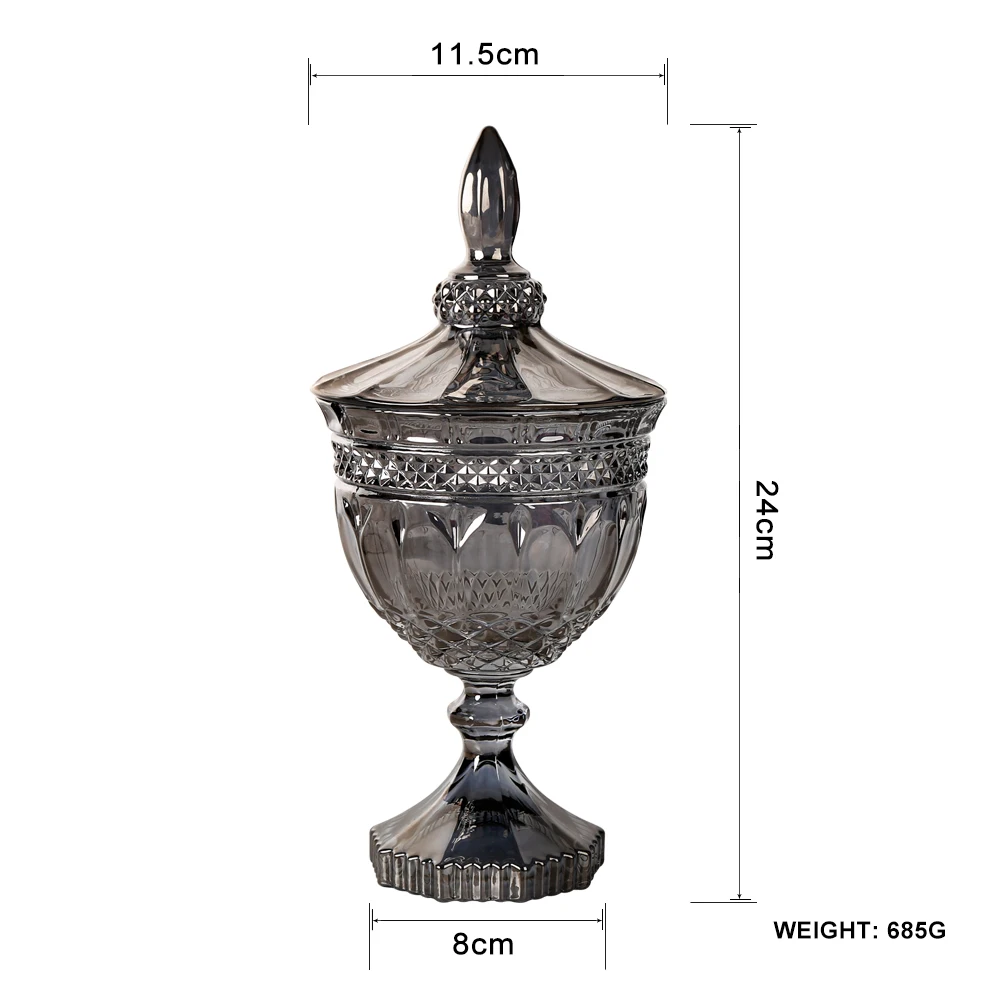 

European crystal glass candy jar cigarette grey candy cup storage container high foot storage box household expenses, Smoke grey