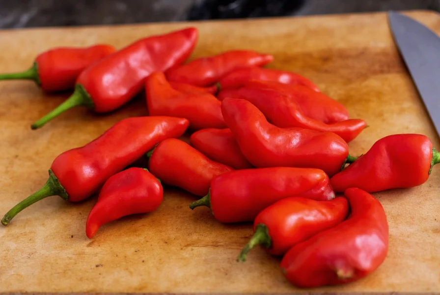 Close-up view of fresh red Fresno peppers on wooden cutting board with chef's knife