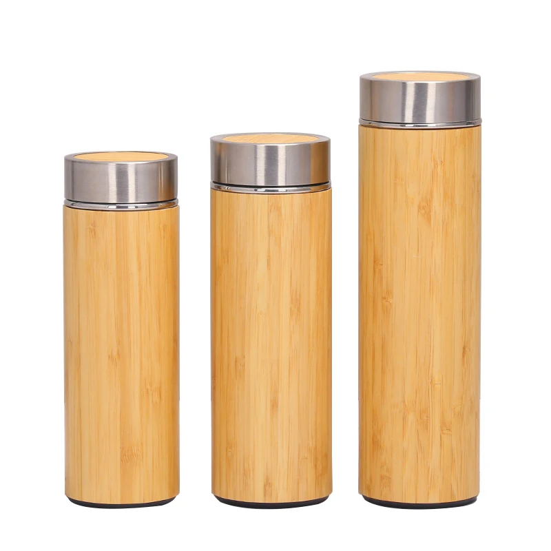

Eco-friendly outdoor travel OEM stainless steel 450ml drink bottle bamboo fiber tea tumbler with bamboo lid, Natural