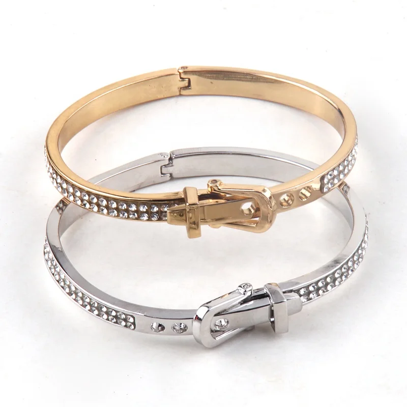 

Hot Selling Boho Jewelry Alloy Gold Silver buckle bracelet Bangle Punk Wristband Metal Rhinestone Cuff Belt Buckle Bangle