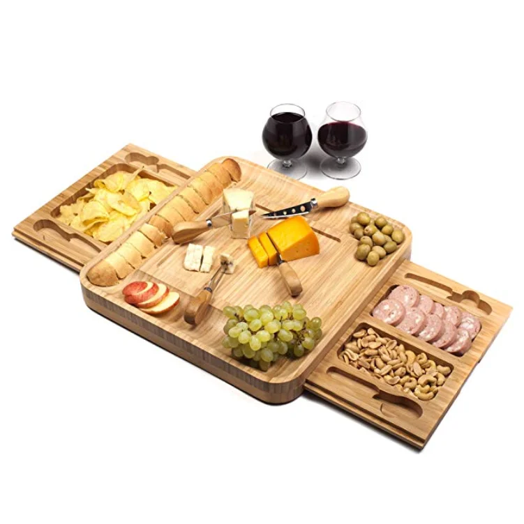

Bamboo cheese board tray with cutlery set wooden deli dish with slide out drawer and 4 stainless steel knives, Natural