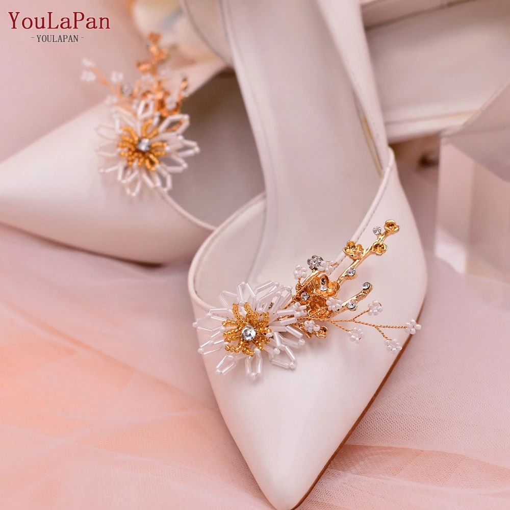 

YouLaPan HX37 Bridal Pearl Crystal Shoe Clip Rhinestone Shiny Buttons Wedding Shoe Accessories For Women, Gold