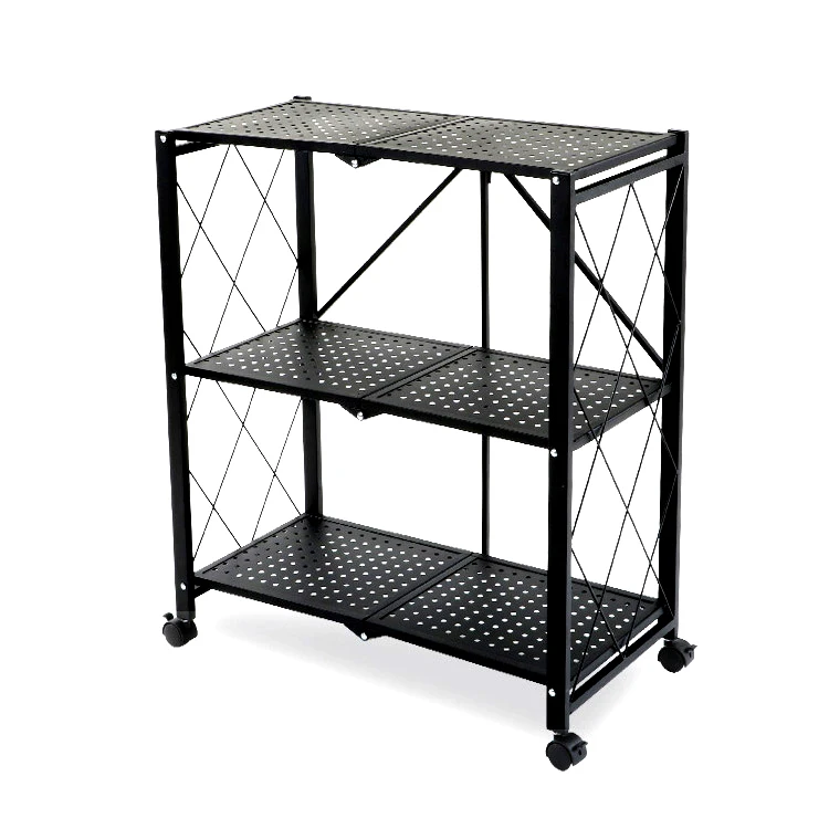 

Mobile metal foldable kitchen rack storage kitchen rack shelf, Black / white