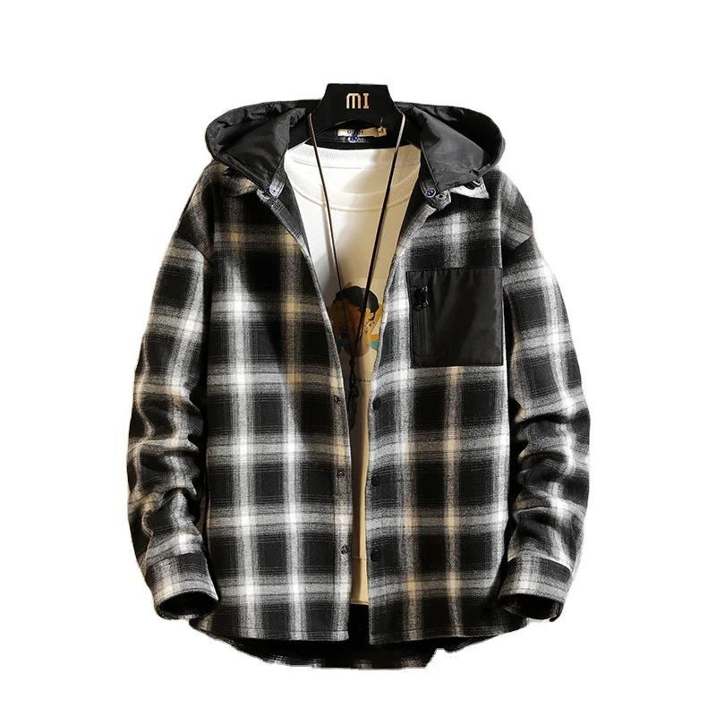 

Winter Warm Shirt For Men European And American Street Plaid Shirt Hooded Design Top For Men Japanese Retro Men's Coat