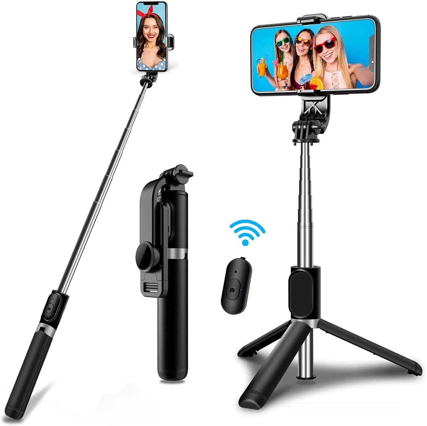 

Q02 360 degree rotation adjustment foldable wireless remote control Selfie stick tripod with phone stand holder