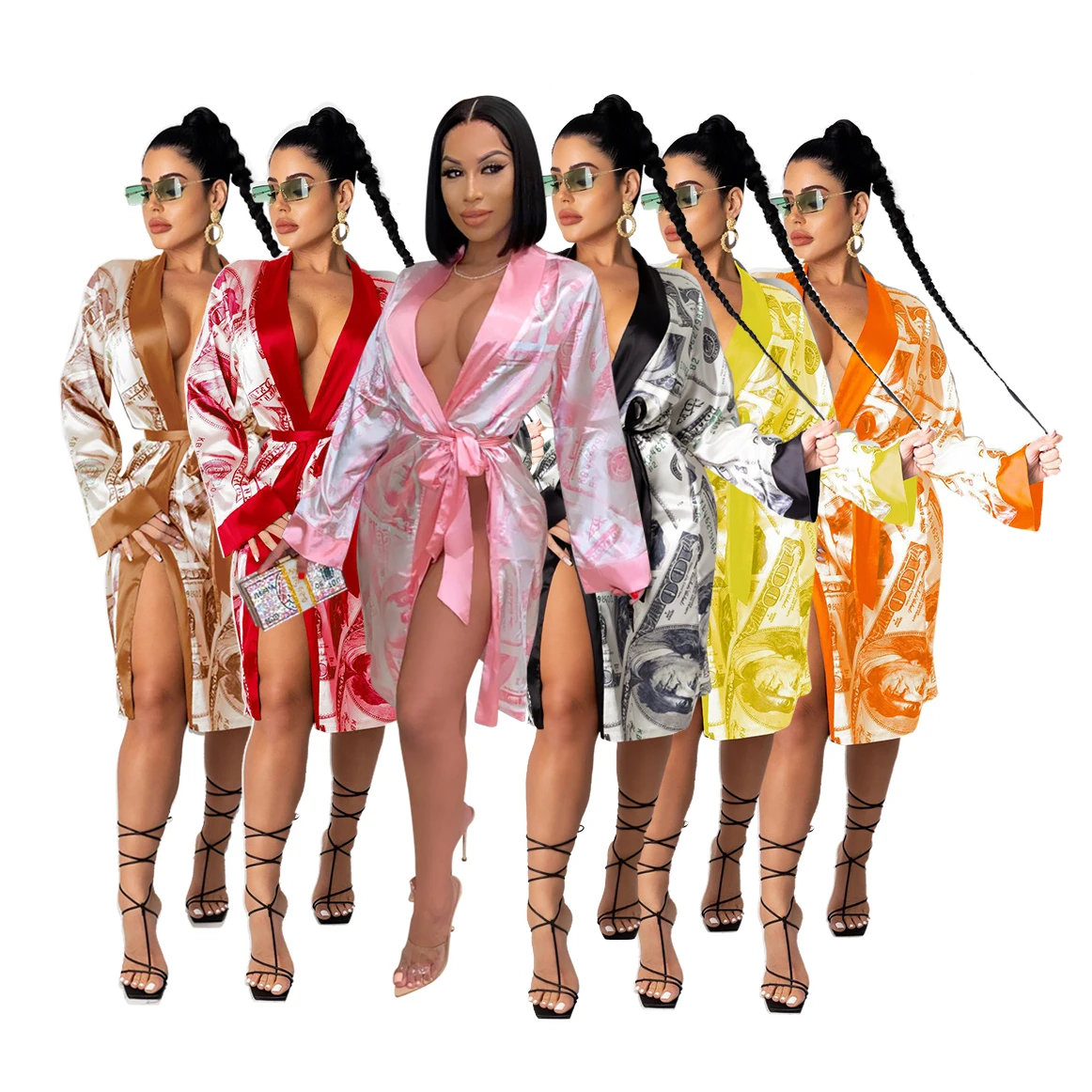 

2021 spring satin silk pajamas women sexy nightclothes nightgown ladies sleepwear gown dollar money robe pajamas for women, As picture or customized make