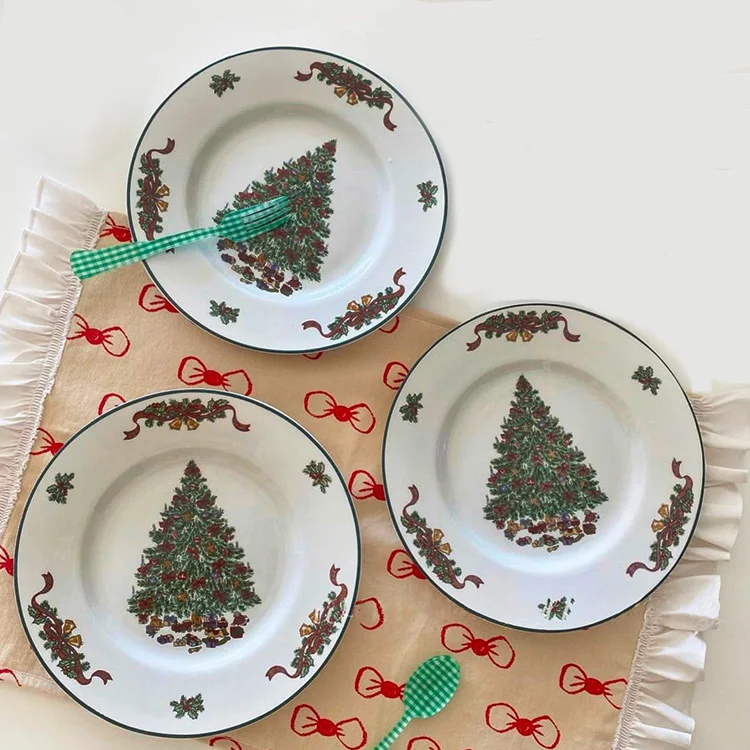 

Christmas Round Christmas Tree Ceramic Dinner Plate Soup Plate, White