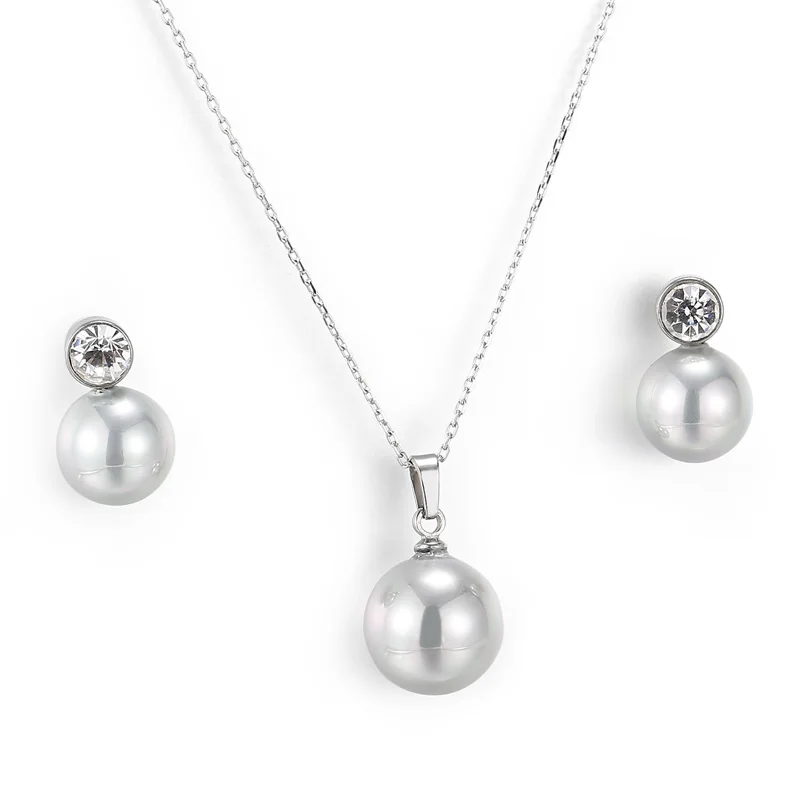 

New Arrival Fashion Stainless Steel Rhinestone Link Chain Pearl Shell Necklace Earring Set, Silver