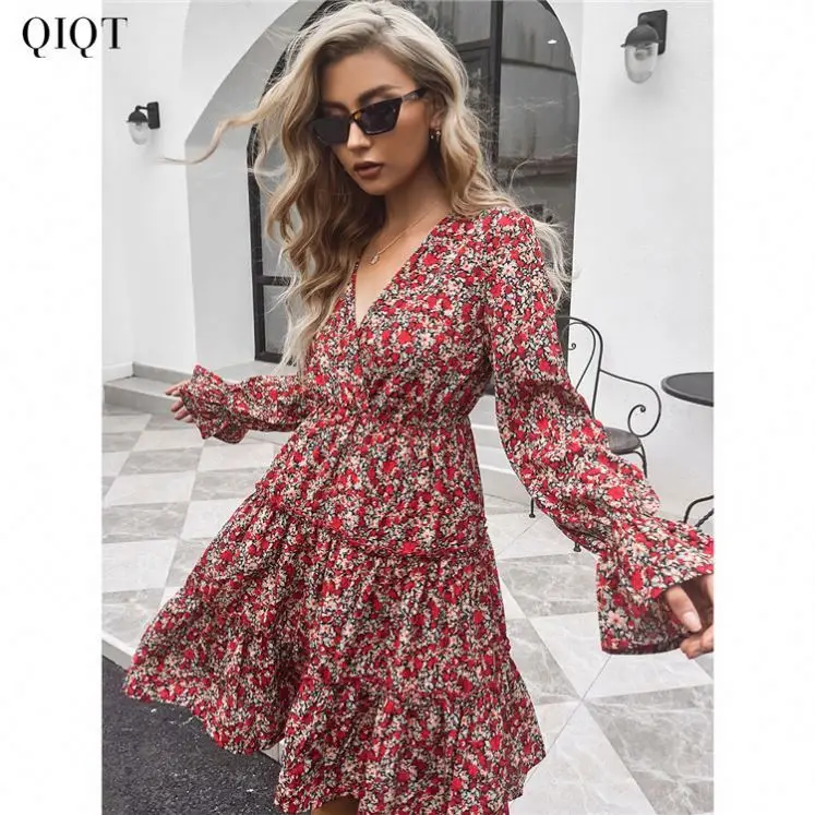 

Womens Spring Summer Deep V Neck Ruffle Long Sleeve Floral Print Mini Dress Flower Girls' Dresses