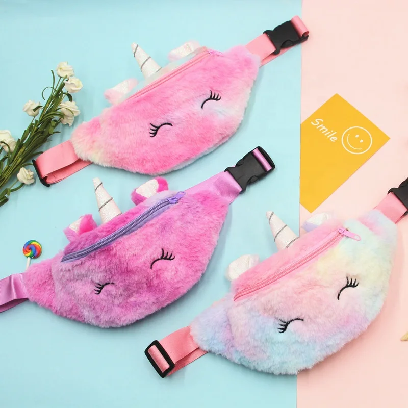 

AI-105 Unicorn winter children's plush waist bag cartoon girl student cute chest bag, Pink,white,purple, rose