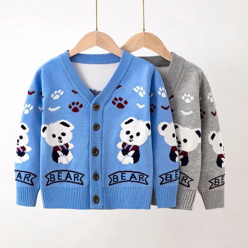 

New stylish winter European and American children's cartoon cardigan for baby girl bear cub pattern sweater coat kid clothes