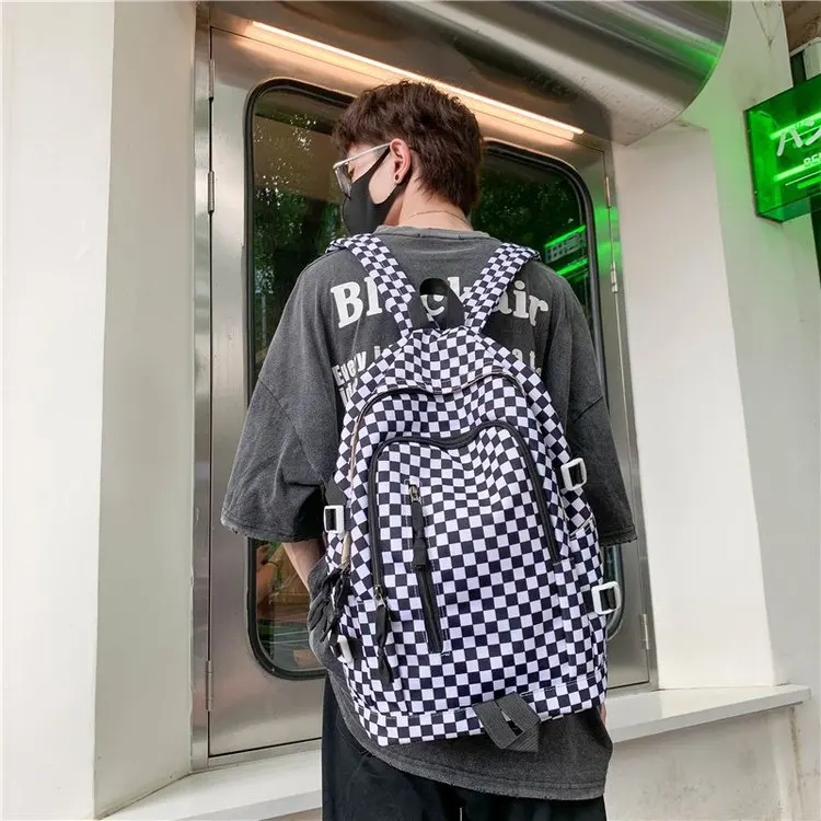 

ins style dark black Japanese retro port style backpack checkerboard lattice street backpack female student schoolbag