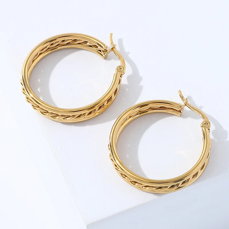 

Stainless Steel Jewelry 18K Real Gold Plating Hoop Earrings Thick Chunky Round Twisted Earring For Women null