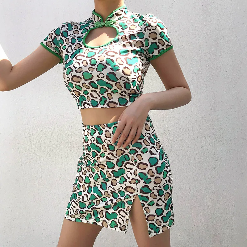 2019 Summer Crop Tops Short Sleeve Sexy Cheongsam Style 2 Pieces Women Dress