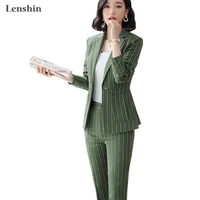 

Lenshin High Quality 2 Piece Set Striped Formal Pant Suit with Big Pockets Blazer Office Lady Women Business Jacket and Pant