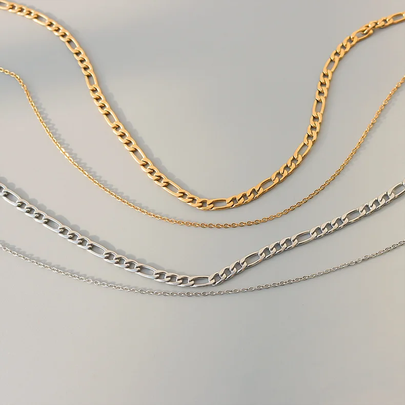 

18K Gold Plated Multi Layered Necklace Figaro Chain Stainless Steel Choker For Women, As the picture