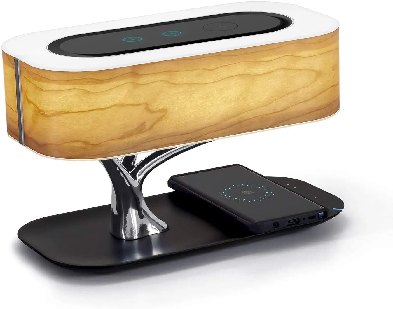 

2022 Latest Gadget Tree of Light Wooden Desk Lamp New Technology 10W Fast Wireless Charger with Blue tooth Speaker Table Lamp