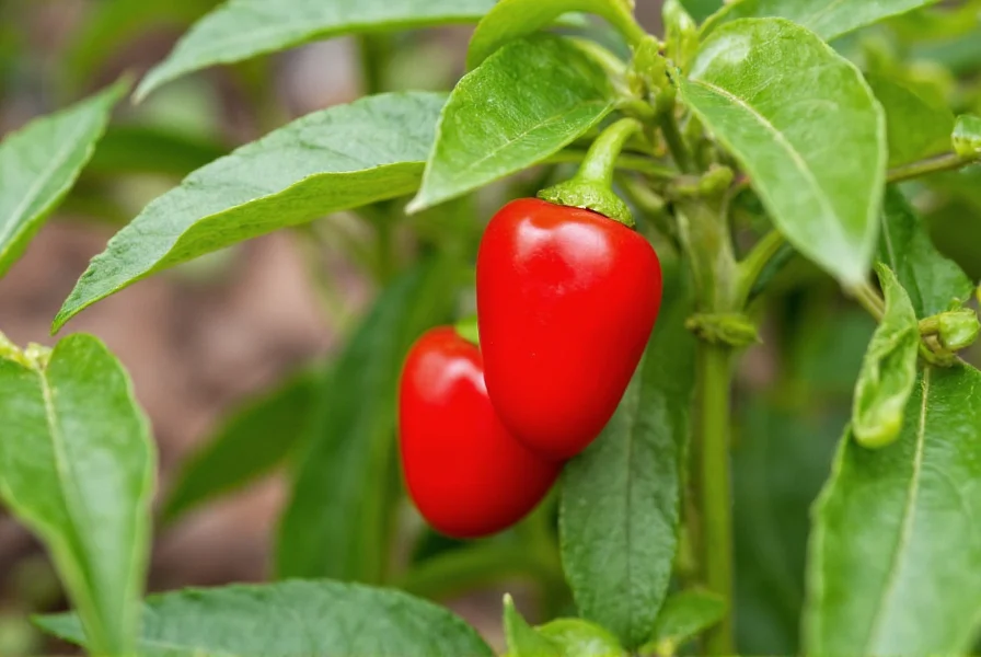 Close-up of vibrant red Jimmy Nardello peppers growing on plant in garden